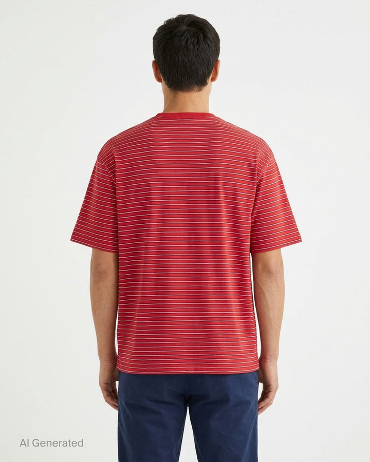 Auralee oversized short-sleeve tee in soft wool jersey with fine green and taupe horizontal stripes and a taupe ribbed crew neck - back