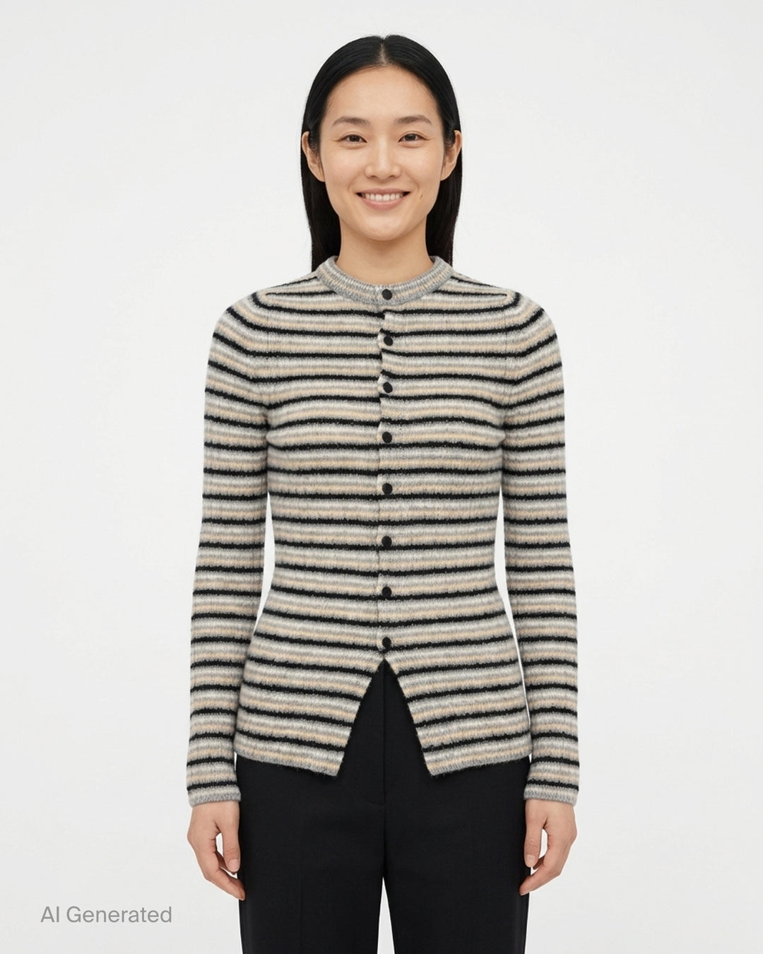Auralee striped rib knit cardigan in grey, cream, sand, and black with a button front and crew neckline - front