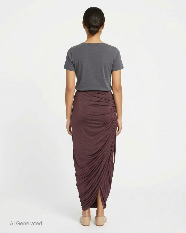 Balmain draped jersey midi skirt in deep burgundy with asymmetric waist, ruched side detail, front slit and gold-tone tassel - back