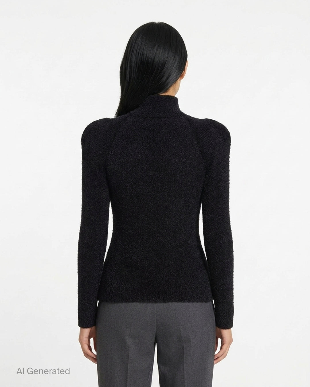 Balmain black fluffy ribbed viscose knit turtleneck with structured shoulders and long sleeves, shown from the front - back