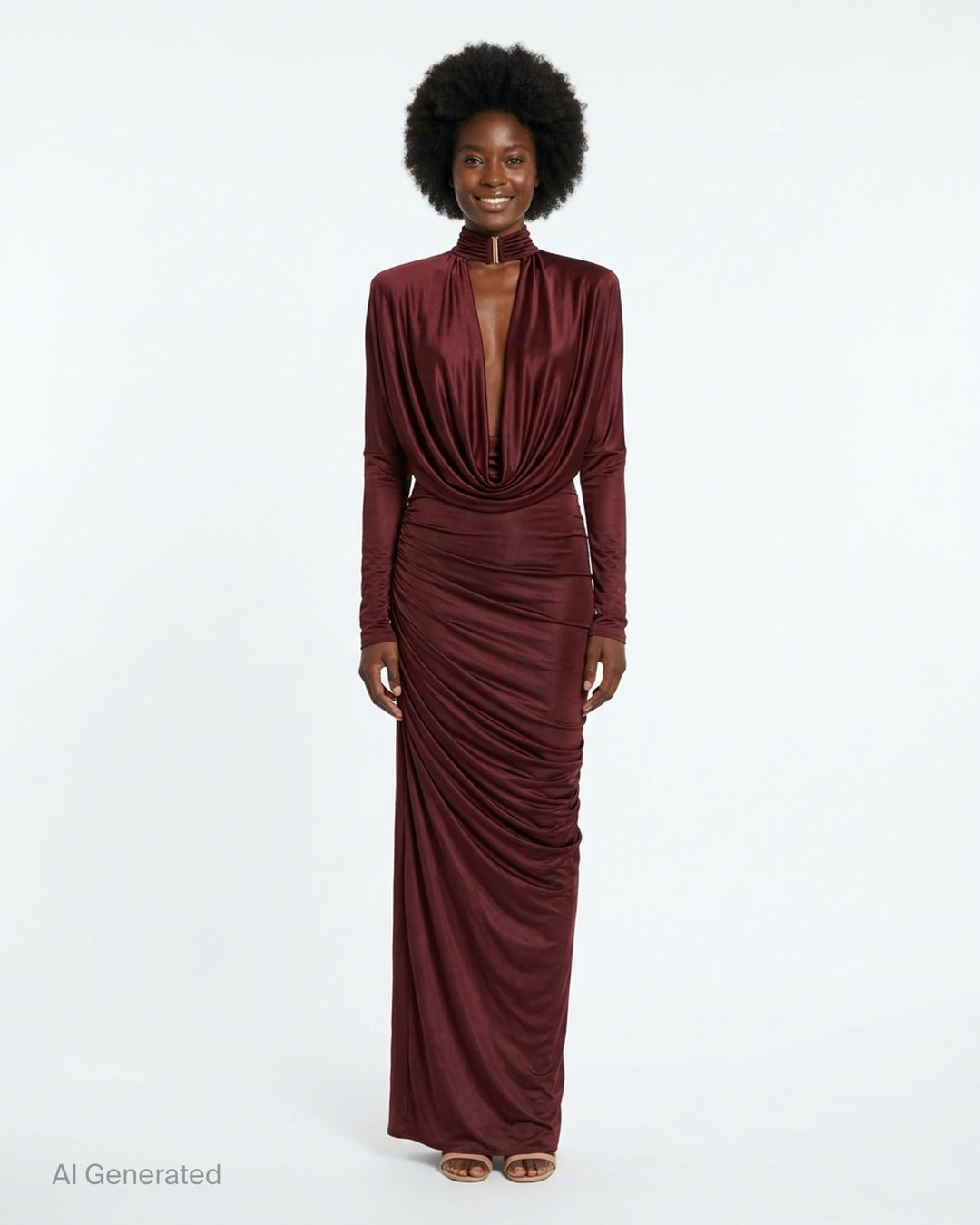 Balmain burgundy viscose jersey maxi dress with a draped cowl neckline, high collar with gold-tone hardware, long sleeves, and a ruched asymmetric skirt - front