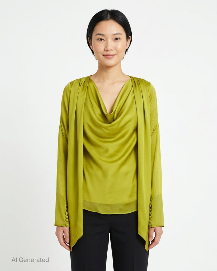 Balmain open neck draped silk charmeuse blouse with cowl neckline, scarf-like shoulder panels and covered button cuffs - front