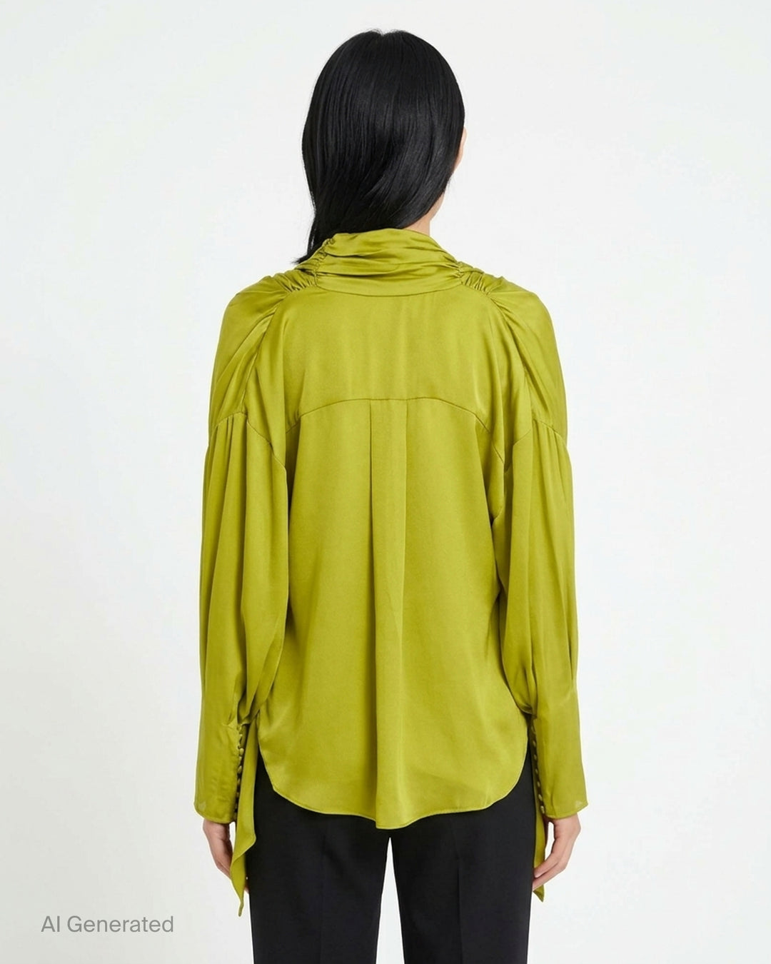 Balmain open neck draped silk charmeuse blouse with cowl neckline, scarf-like shoulder panels and covered button cuffs - back
