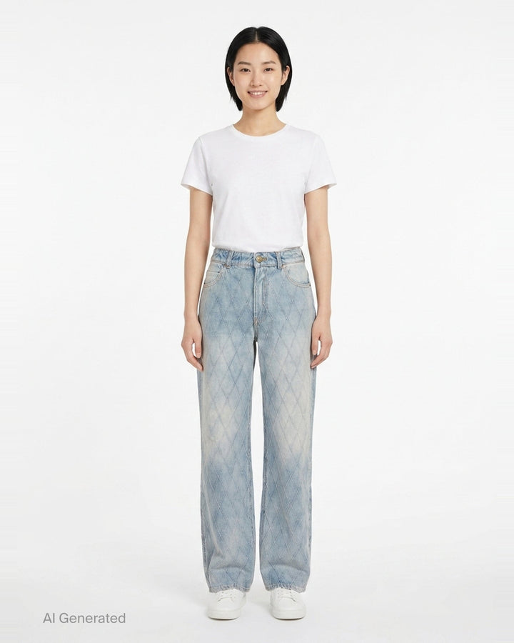Balmain Straight Quilted Denim Jeans in light blue acid wash with all-over diamond stitching, straight-leg silhouette, and gold-tone hardware - front