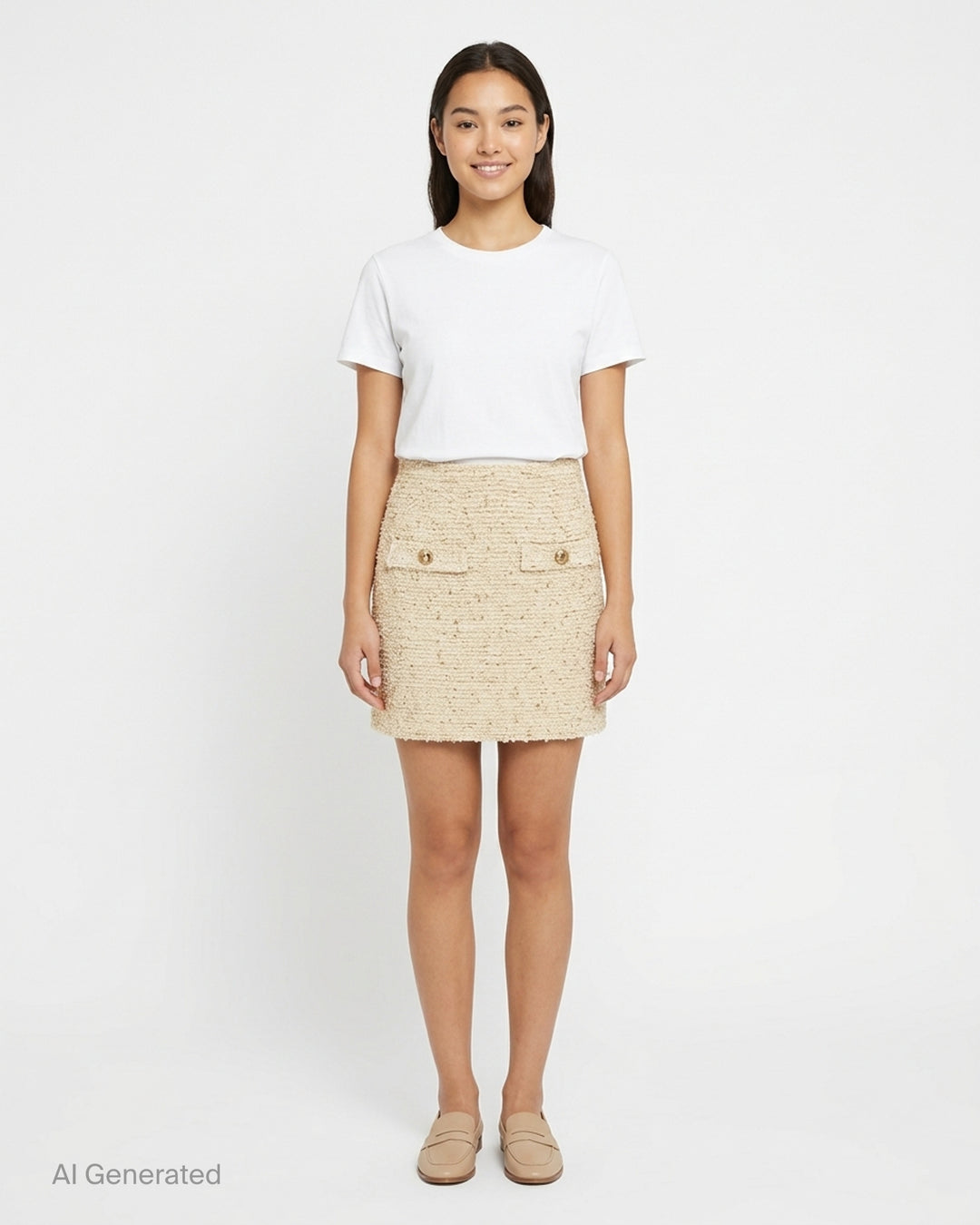 Balmain cream tweed knit mini skirt with gold metallic flecks and two flap pockets with embossed gold-tone buttons - front