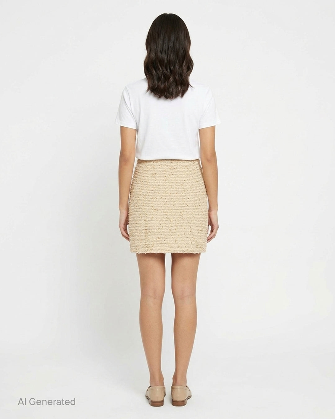 Balmain cream tweed knit mini skirt with gold metallic flecks and two flap pockets with embossed gold-tone buttons - back