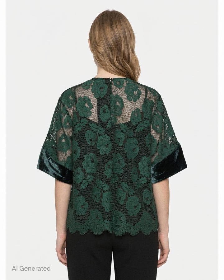 Biyan beaded lace and velvet blouse in deep green, featuring floral lace overlay, jewelled velvet appliqués with crystal embroidery, velvet sleeve panels, crew neck with rear zip, and a scalloped lace hem - back