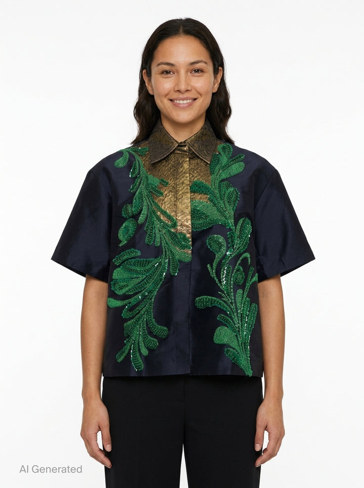 Embellished Taffeta Short Sleeve Blouse | Biyan | Club21 - front
