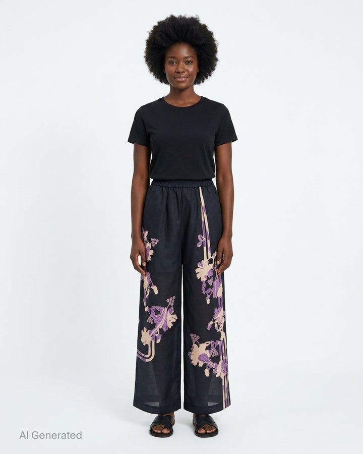 Biyan floral organza silk wide-leg pants in navy with blush and purple botanical print and elasticated waistband - front