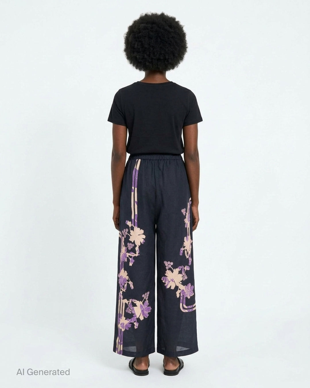 Biyan floral organza silk wide-leg pants in navy with blush and purple botanical print and elasticated waistband - back