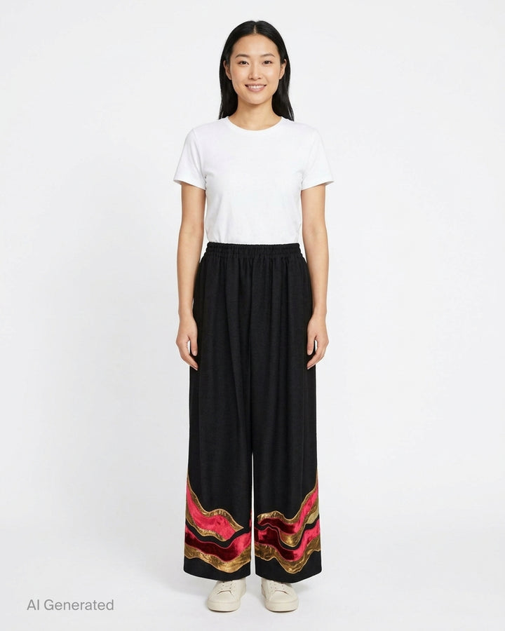 Biyan black gabardine wide leg pants with layered wavy velvet and gold metallic appliqué trim at the hem, elastic waistband, front view on white background - front