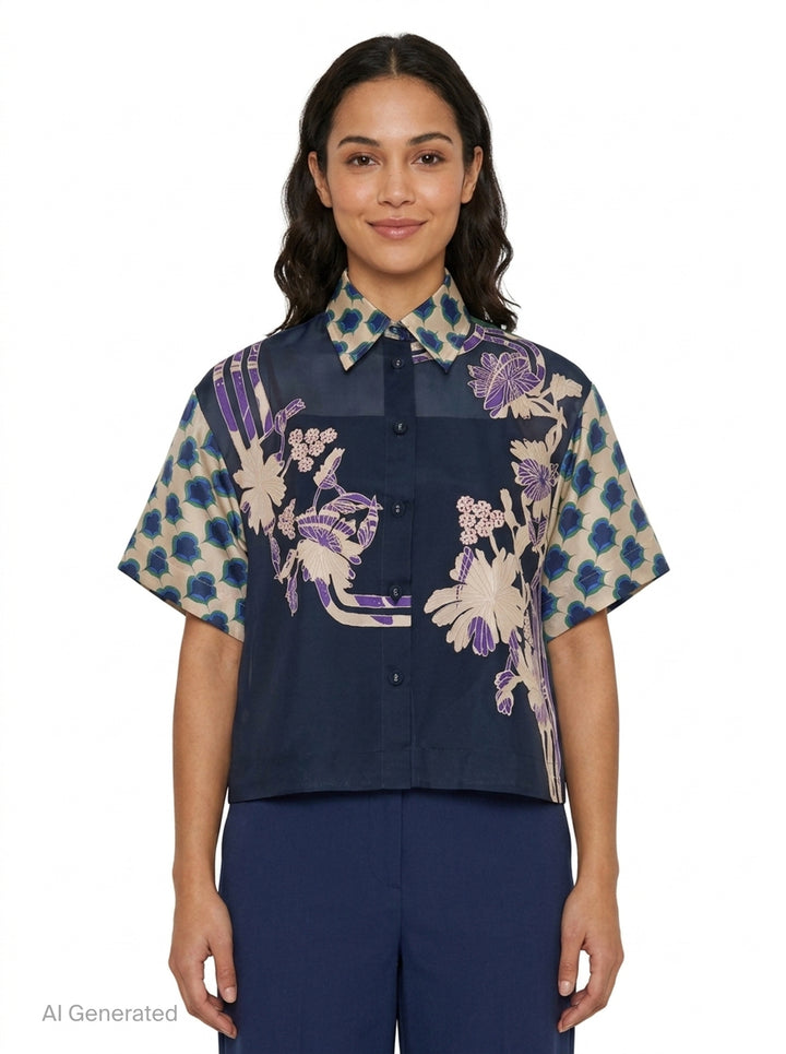 Mix Organza Silk Short Sleeve Blouse | Biyan | Club21 - front