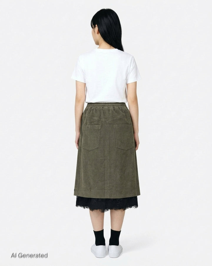 Olive green corduroy midi skirt with an elasticated waist and a black lace underskirt layer peeking out at the hem - back