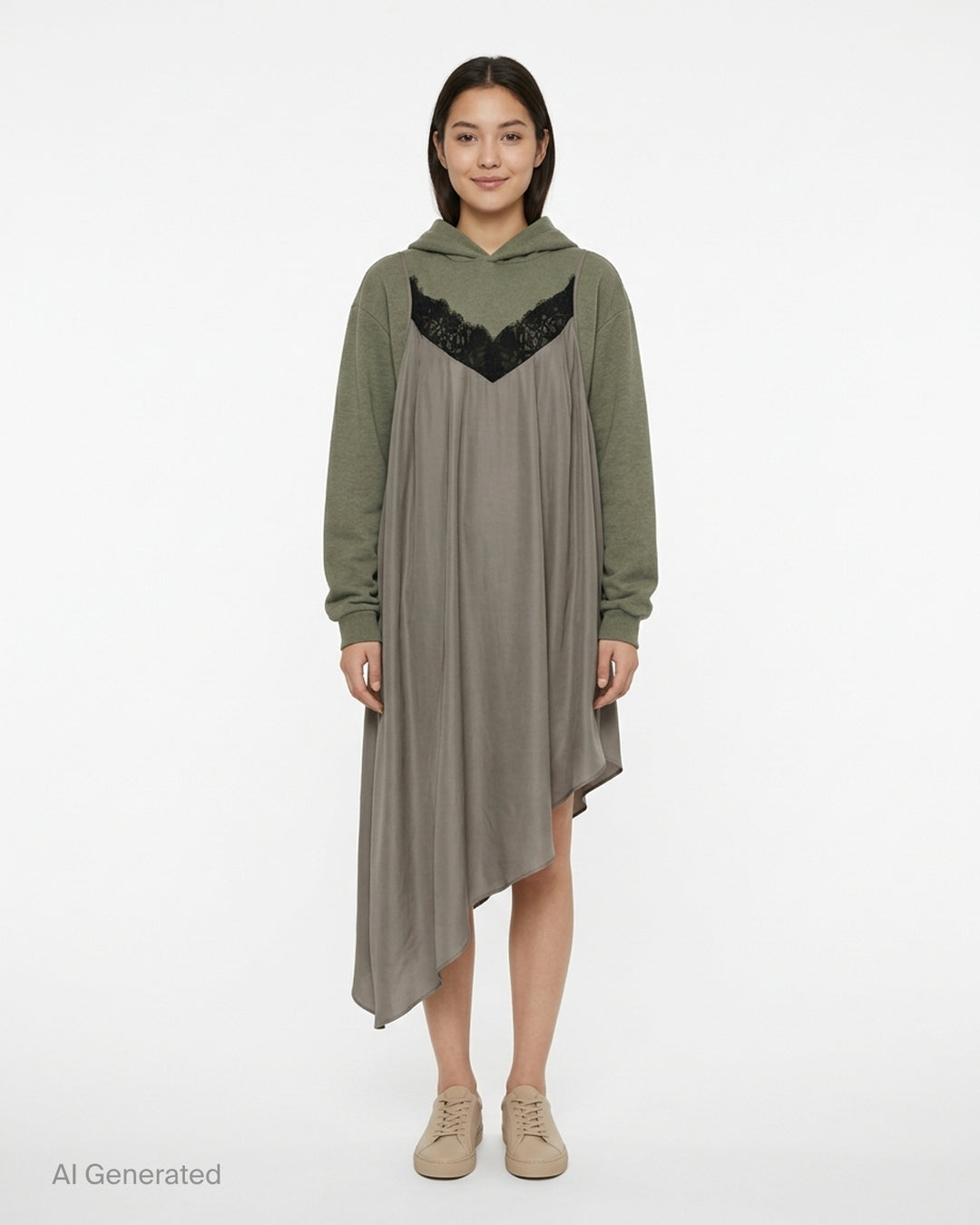 Olive green oversized hoodie layered with a taupe satin slip dress featuring black lace neckline trim and an asymmetric hem - front