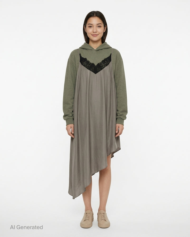 Olive green oversized hoodie layered with a taupe satin slip dress featuring black lace neckline trim and an asymmetric hem - front