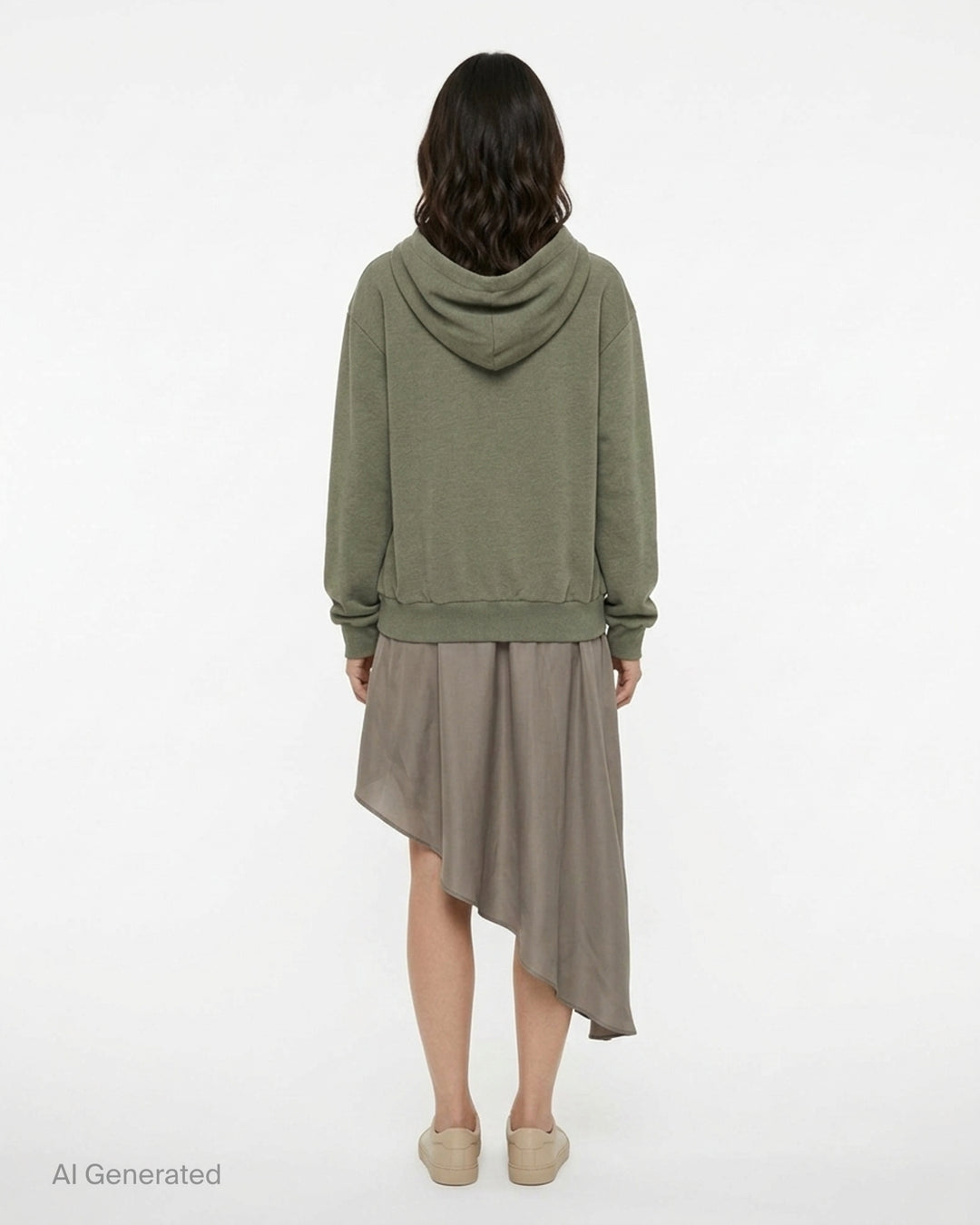 Olive green oversized hoodie layered with a taupe satin slip dress featuring black lace neckline trim and an asymmetric hem - back