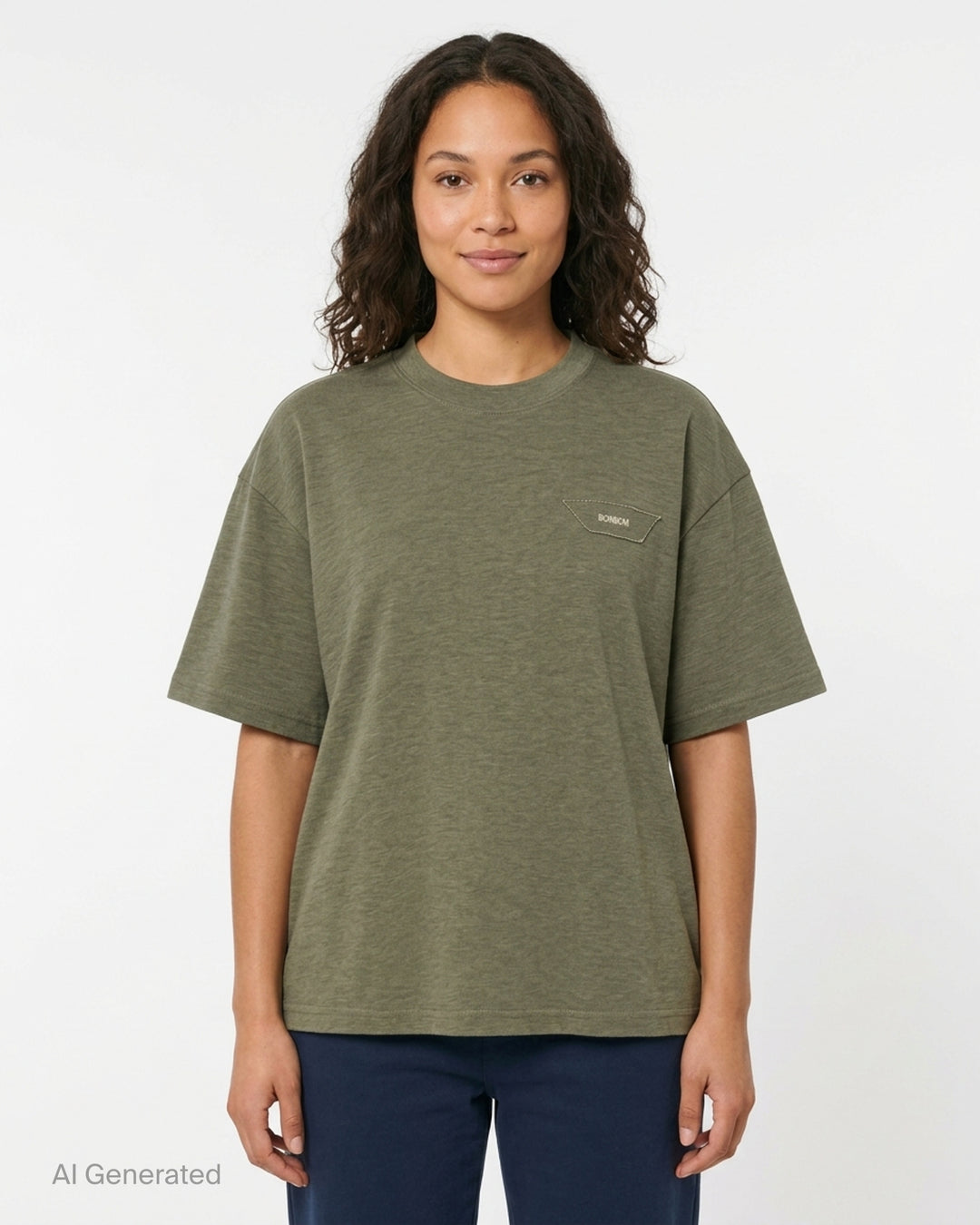 Bonbom olive green heathered oversized t-shirt with a raw-edge trapezoid logo patch at the chest, shown from the front - front