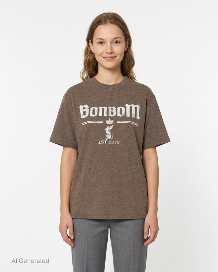 BONBOM Tiger Logo T-Shirt in heathered brown with distressed white gothic logo and crowned tiger crest print - front