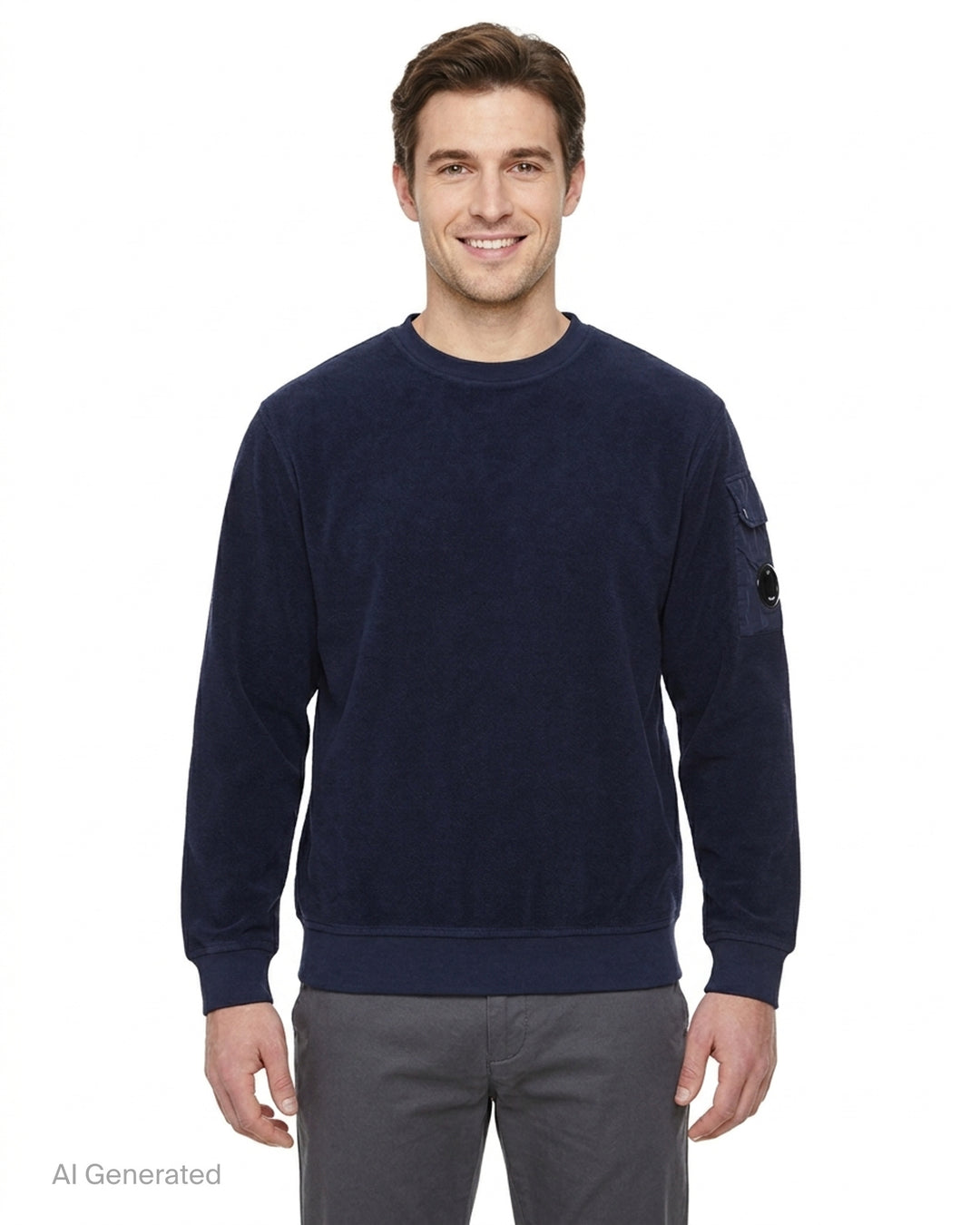 Navy brushed crew neck sweatshirt by C.P. Company with a sleeve utility pocket and signature lens detail - front