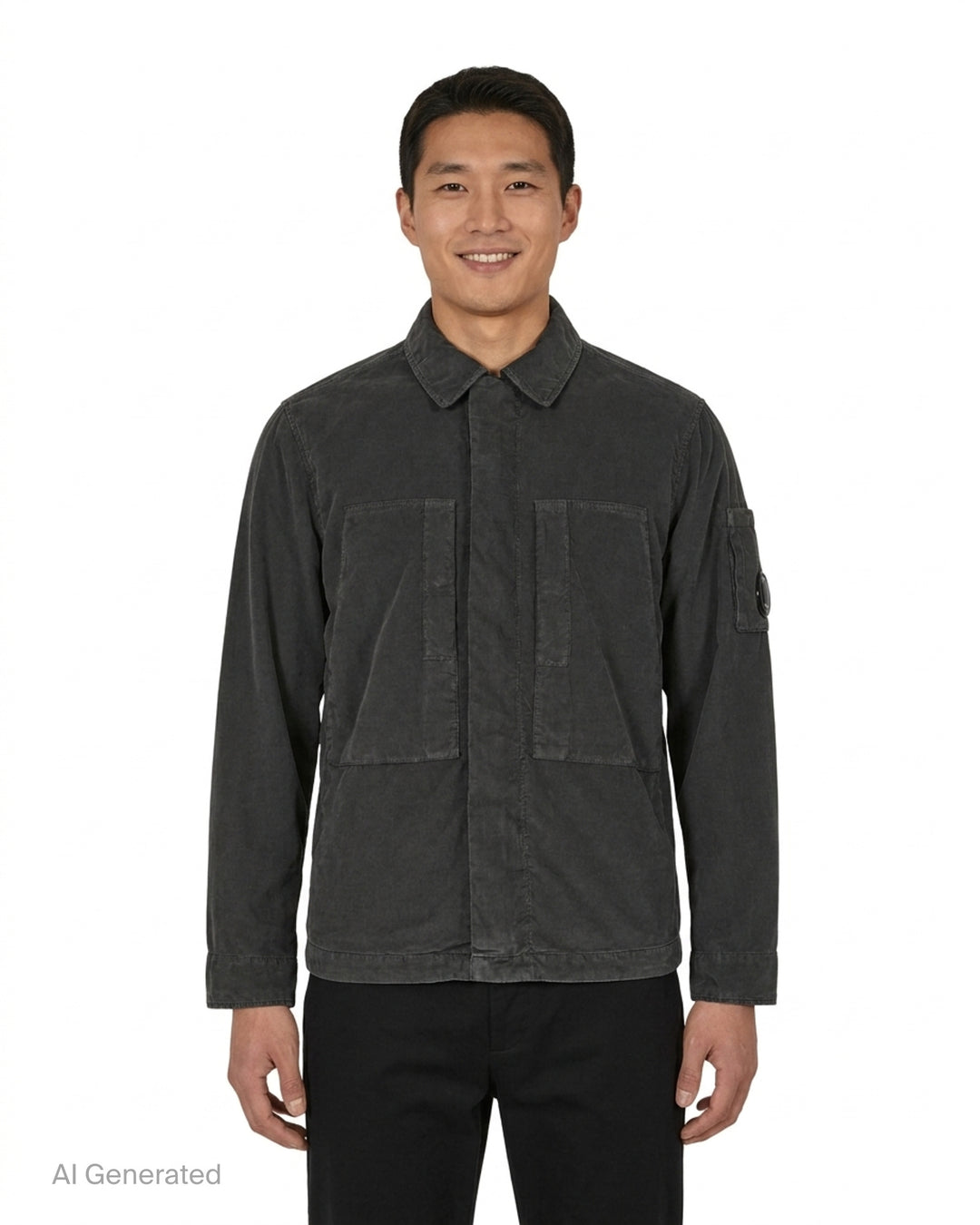 C.P. Company corduroy overshirt in washed charcoal with two large chest pockets and a Lens detail on the sleeve - front