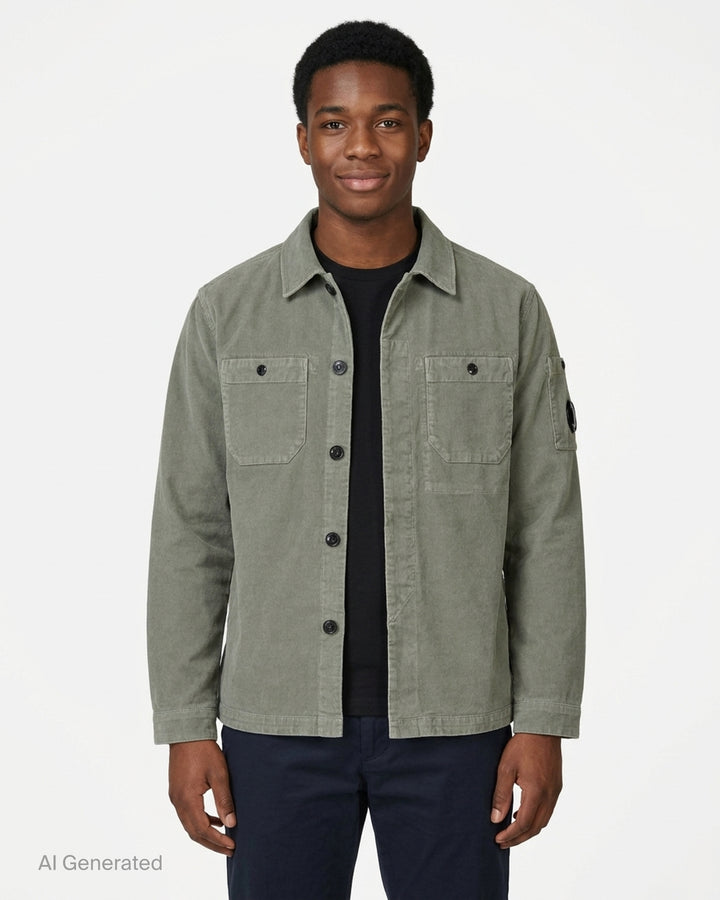 C.P. Company sage green corduroy overshirt with chest pockets, concealed button placket and lens detail on the sleeve - front