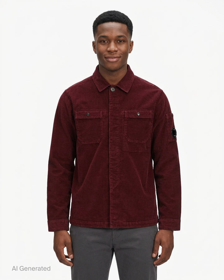 C.P. Company sage green corduroy overshirt with chest pockets, concealed button placket and lens detail on the sleeve - front