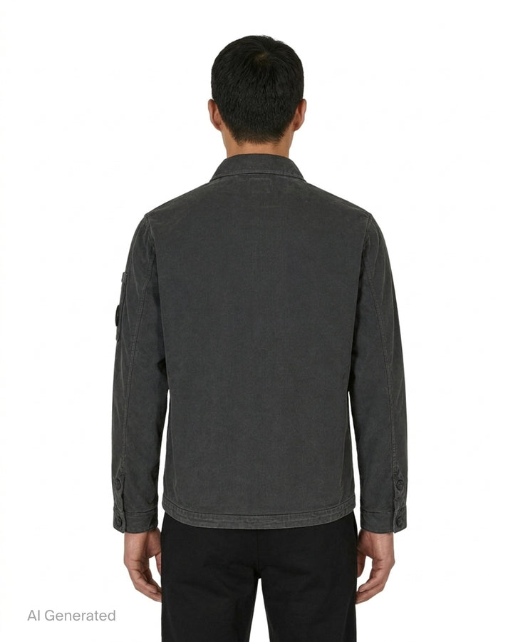 C.P. Company corduroy overshirt in washed charcoal with two large chest pockets and a Lens detail on the sleeve - back