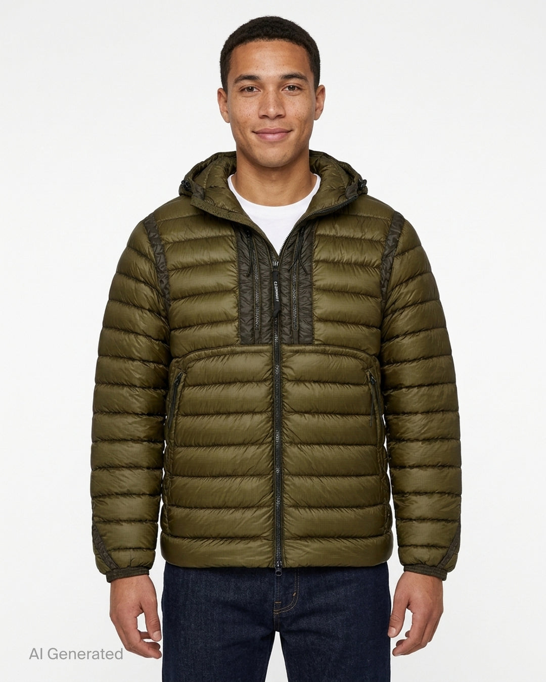 Olive green hooded quilted down jacket with tonal chest panels, zip pockets and ripstop shell - front