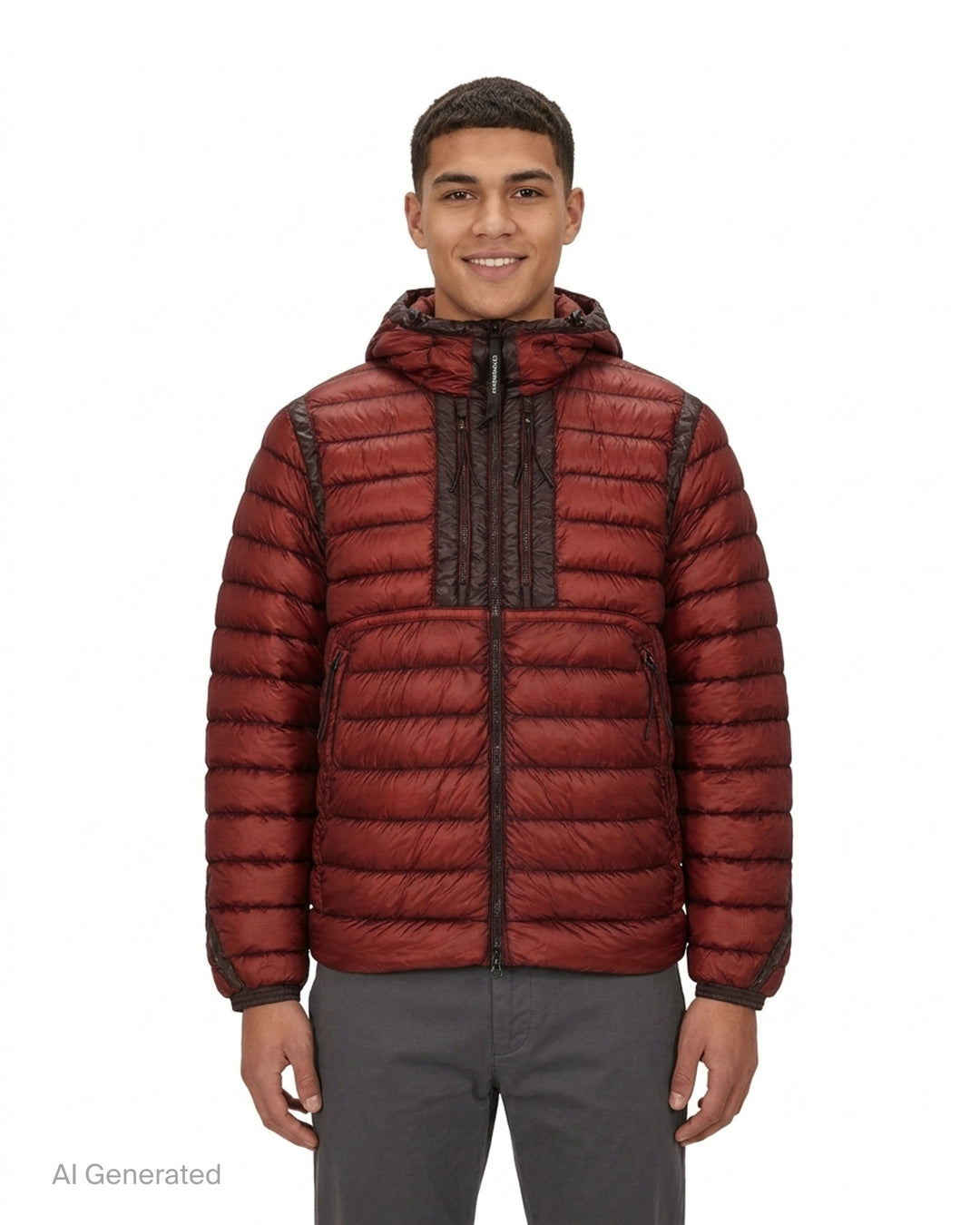 Olive green hooded quilted down jacket with tonal chest panels, zip pockets and ripstop shell - front