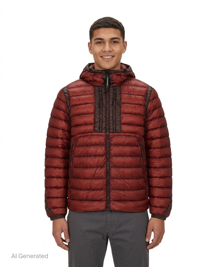 Olive green hooded quilted down jacket with tonal chest panels, zip pockets and ripstop shell - front