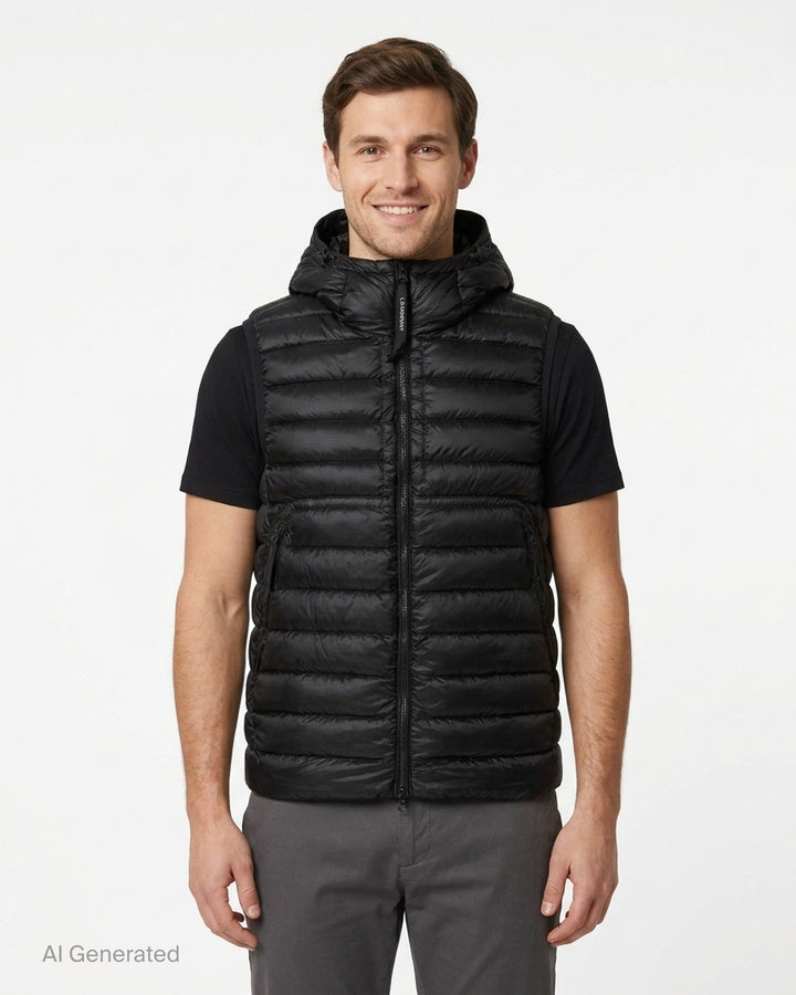 C.P. Company D.D. Shell Goggle Down Gilet in black with quilted channels, hood and zip front - front