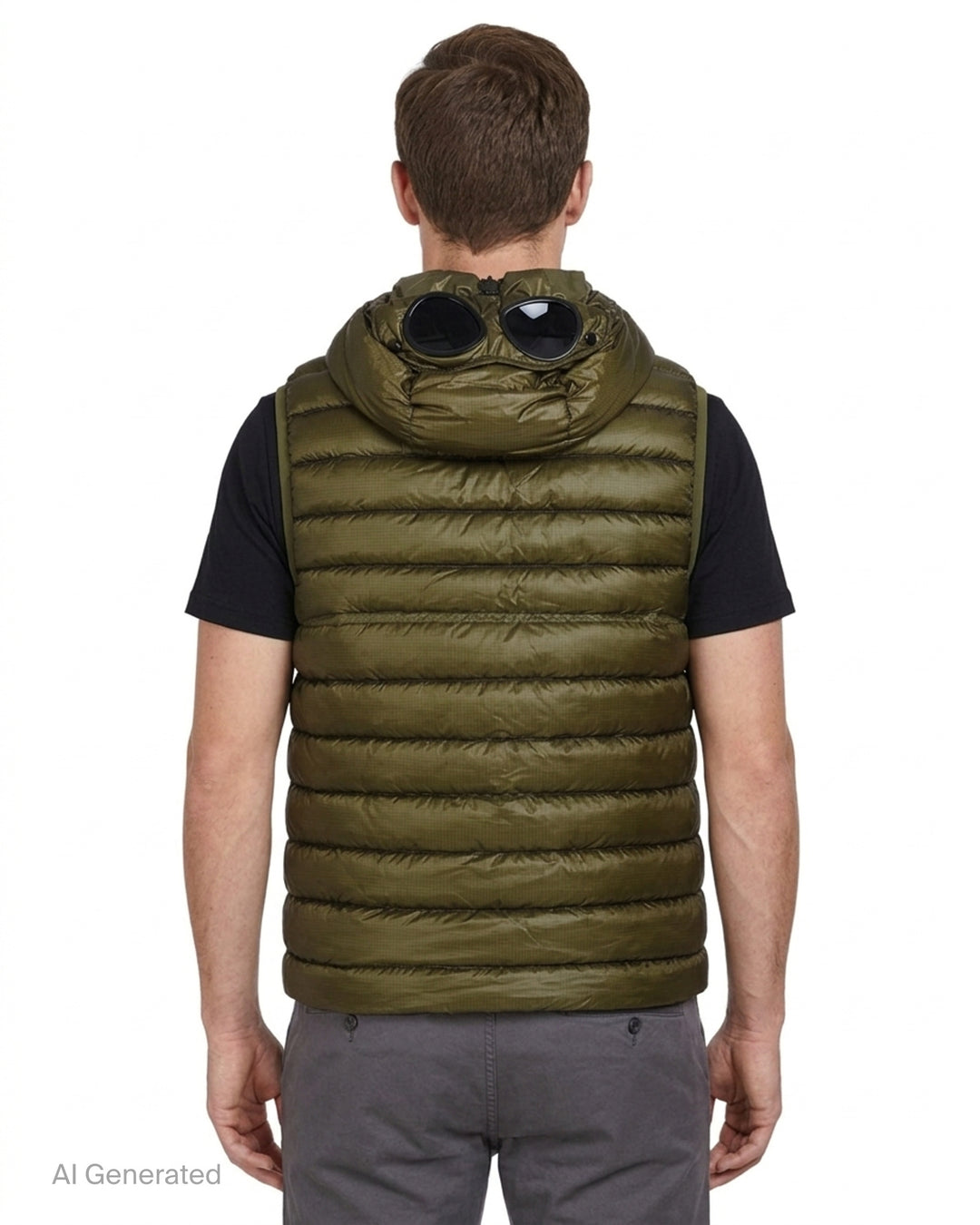 C.P. Company D.D. Shell Goggle Down Gilet in black with quilted channels, hood and zip front - back