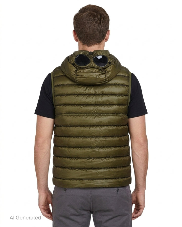 C.P. Company D.D. Shell Goggle Down Gilet in black with quilted channels, hood and zip front - back