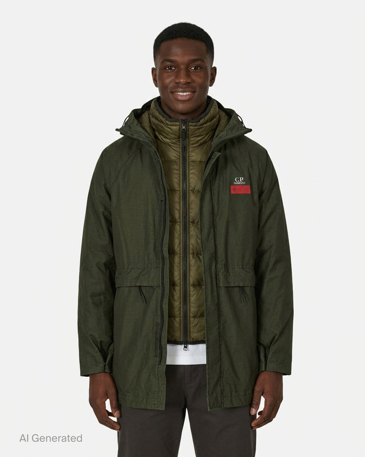 C.P. Company olive green ripstop hooded jacket with quilted inner layer, drawcord waist and chest Windstopper label - front