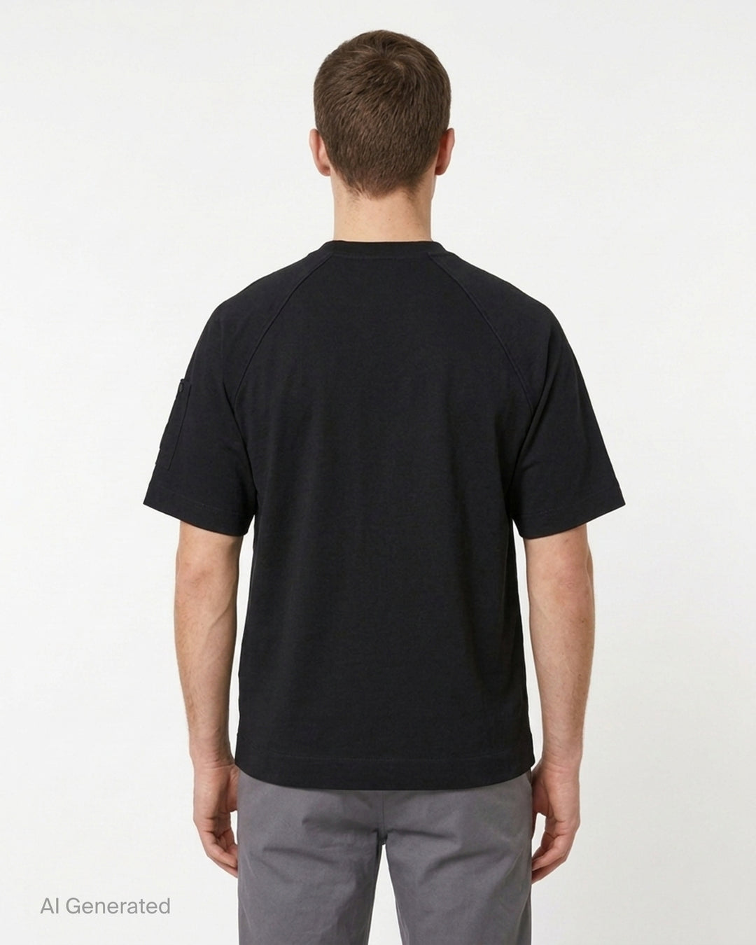 C.P. Company black mercerized cotton jersey raglan t-shirt with snap-fastened sleeve pocket and lens badge, front view - back