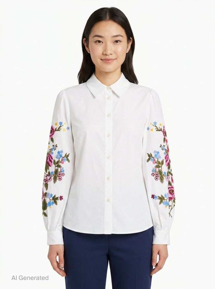 Floral Embroidered Puff Sleeve Shirt | Carolina Herrera | Club21 - front