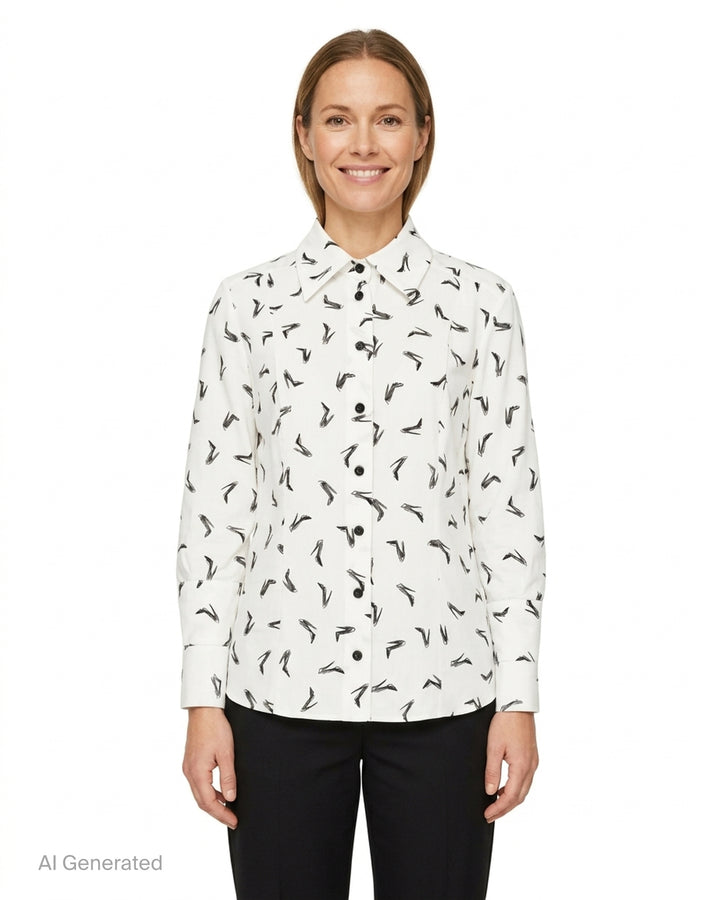 Carolina Herrera Good Girl Shoe long-sleeve button-up blouse in ivory with an all-over black stiletto sketch print, black buttons, and a structured point collar - front
