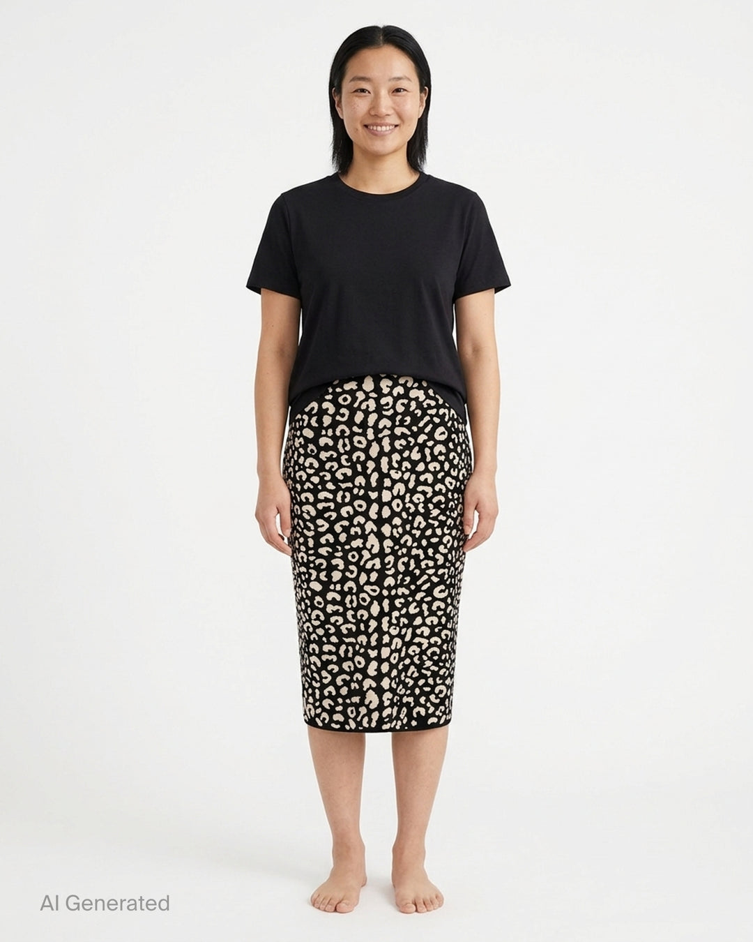 Carolina Herrera knee-length pencil skirt in black and cream leopard jacquard knit, shown from the front - front