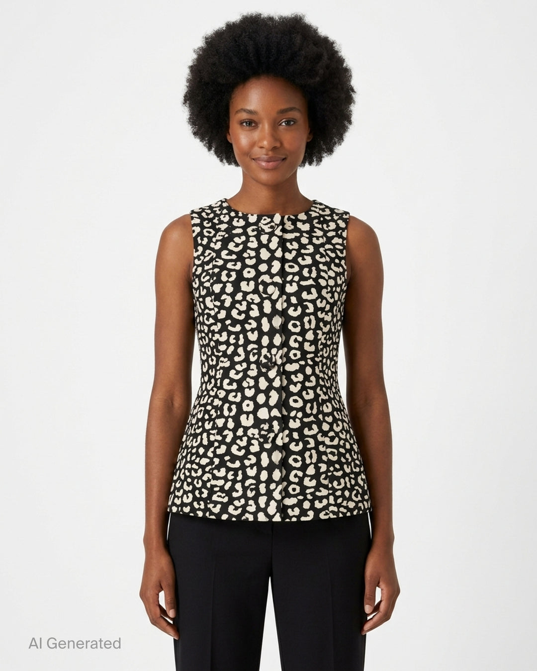 Carolina Herrera sleeveless boatneck top in black-and-ivory leopard jacquard, featuring a centre-front covered button placket, fitted waist, and flared peplum hem with box pleats - front