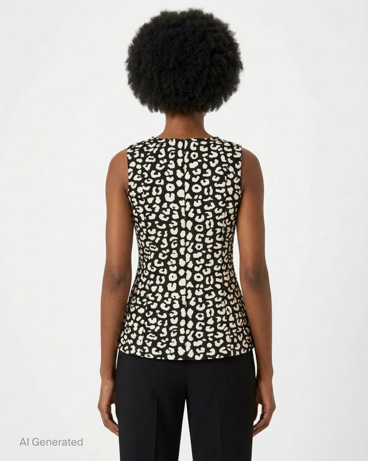 Carolina Herrera sleeveless boatneck top in black-and-ivory leopard jacquard, featuring a centre-front covered button placket, fitted waist, and flared peplum hem with box pleats - back