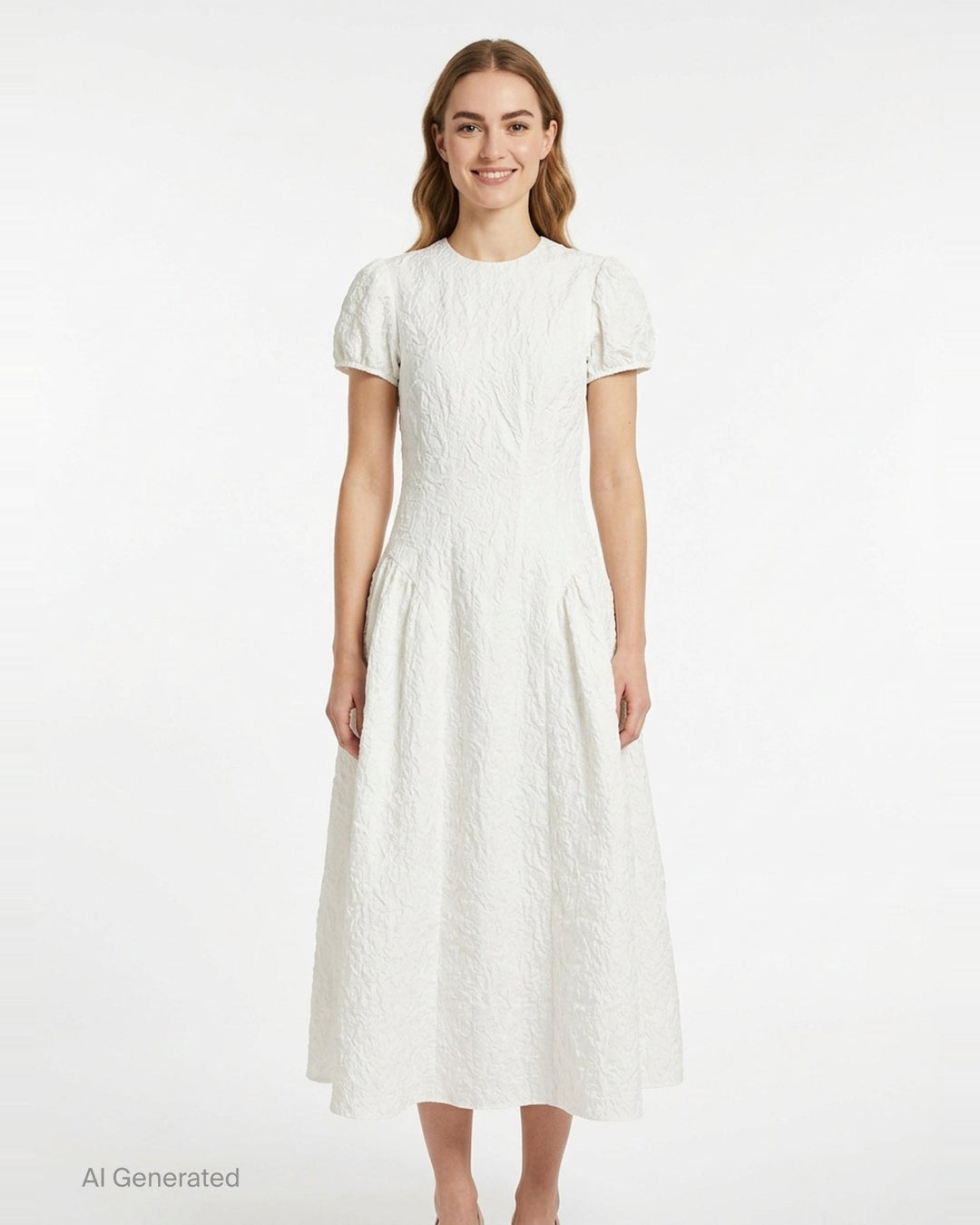 Cecilie Bahnsen Cleopatra Floratini midi dress in white textured jacquard with short puff sleeves, sculpted bodice, and full flared skirt, shown on a plain white background - front