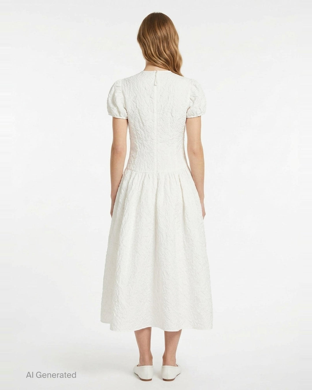 Cecilie Bahnsen Cleopatra Floratini midi dress in white textured jacquard with short puff sleeves, sculpted bodice, and full flared skirt, shown on a plain white background - back