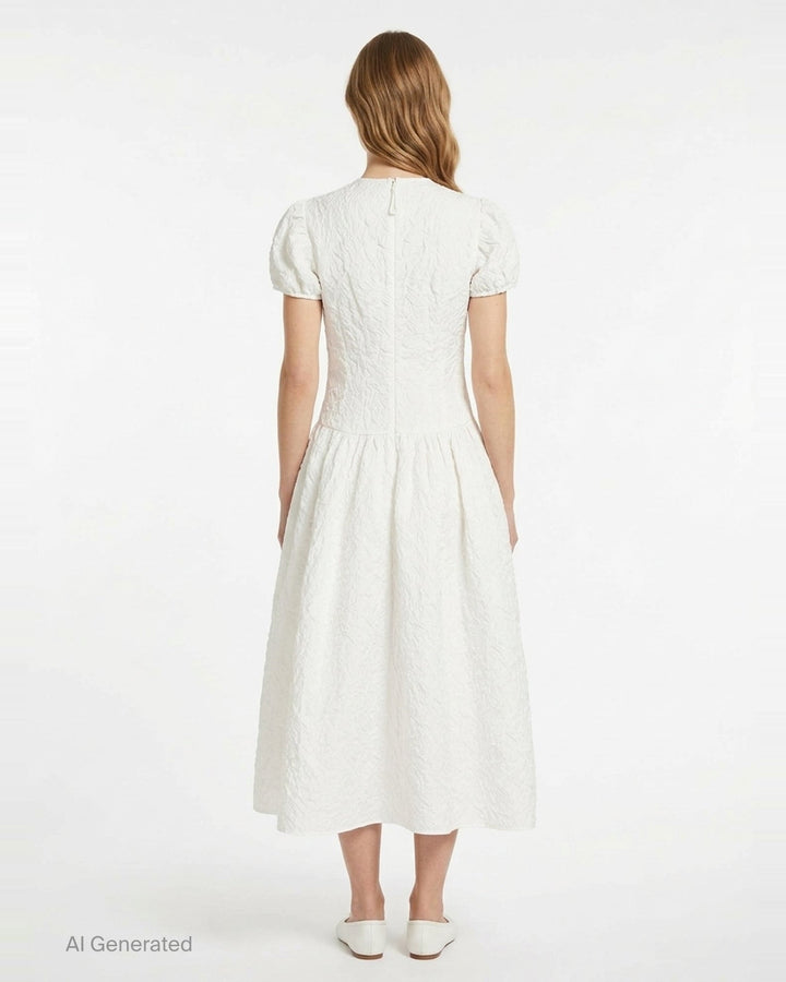 Cecilie Bahnsen Cleopatra Floratini midi dress in white textured jacquard with short puff sleeves, sculpted bodice, and full flared skirt, shown on a plain white background - back