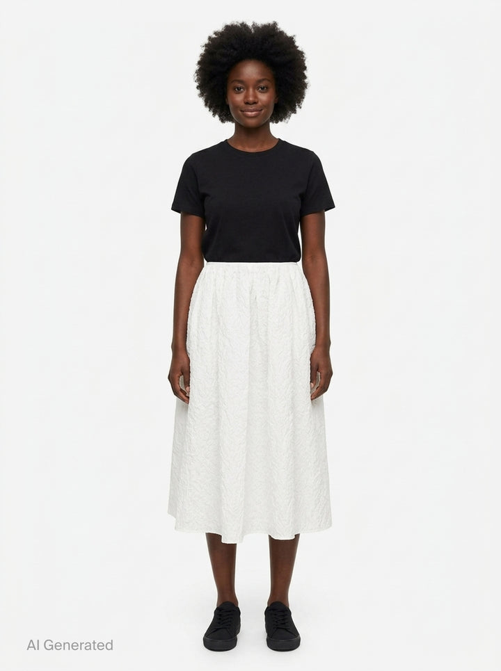 Cecilie Bahnsen Floratini Matelassé Midi Skirt in white, displayed flat, showing a voluminous A-line silhouette with an all-over raised jacquard texture and elasticated waistband - front
