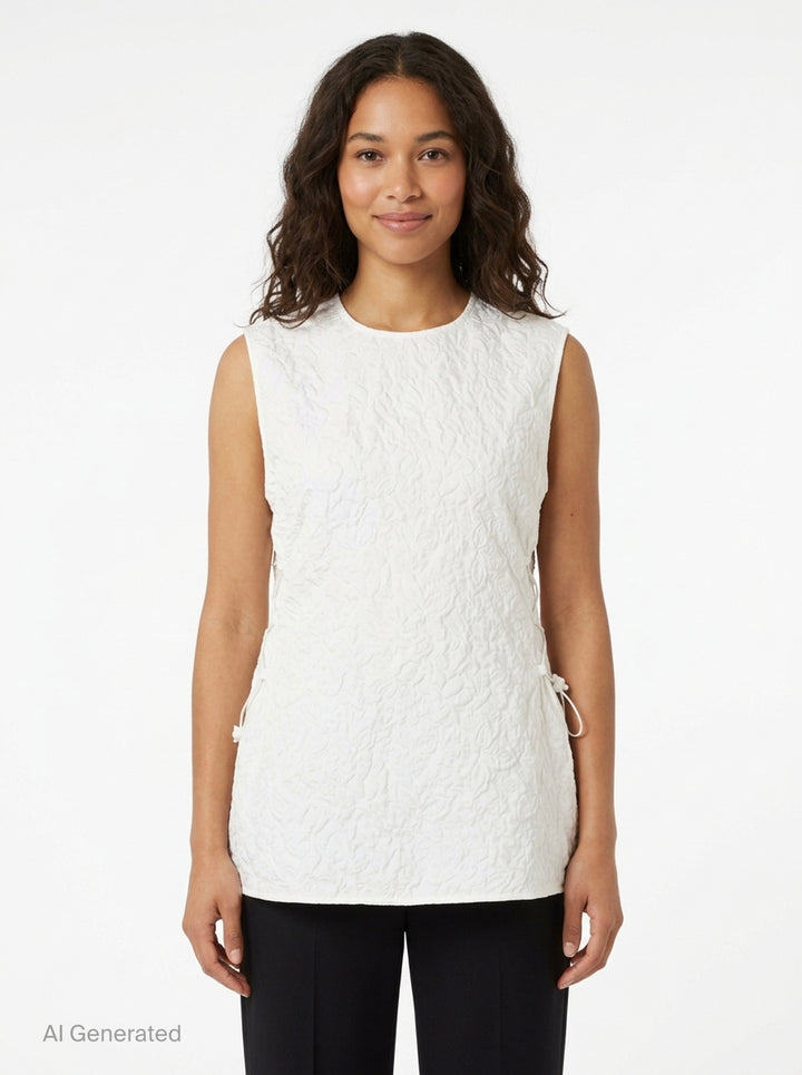 Cecilie Bahnsen Floratini Matelassé sleeveless top in white, shown from the back, featuring an all-over raised floral quilted pattern, gathered bow details along both side seams, and a concealed back zip closure - front