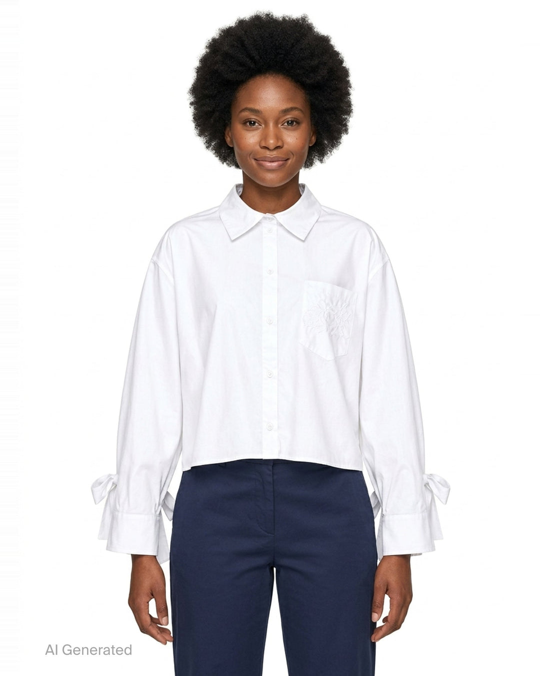 Cecilie Bahnsen Frina cropped white cotton shirt with bow-tied flared cuffs, tonal floral embroidered chest pocket, and button-through front placket, displayed flat on a white background - front