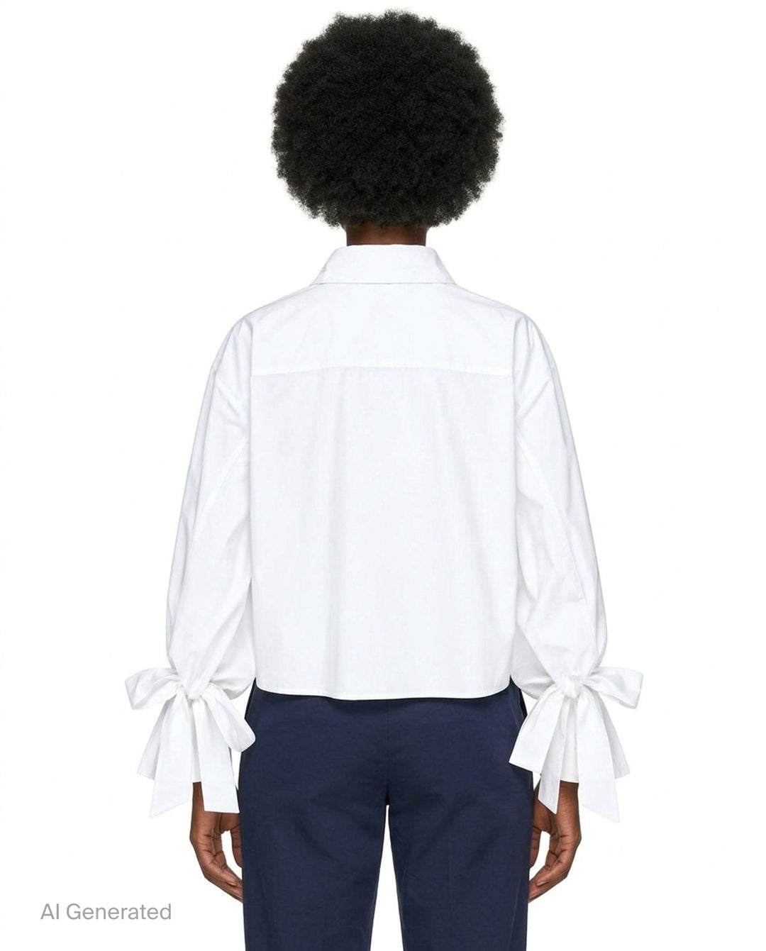 Cecilie Bahnsen Frina cropped white cotton shirt with bow-tied flared cuffs, tonal floral embroidered chest pocket, and button-through front placket, displayed flat on a white background - back