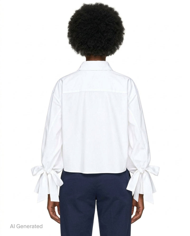 Cecilie Bahnsen Frina cropped white cotton shirt with bow-tied flared cuffs, tonal floral embroidered chest pocket, and button-through front placket, displayed flat on a white background - back