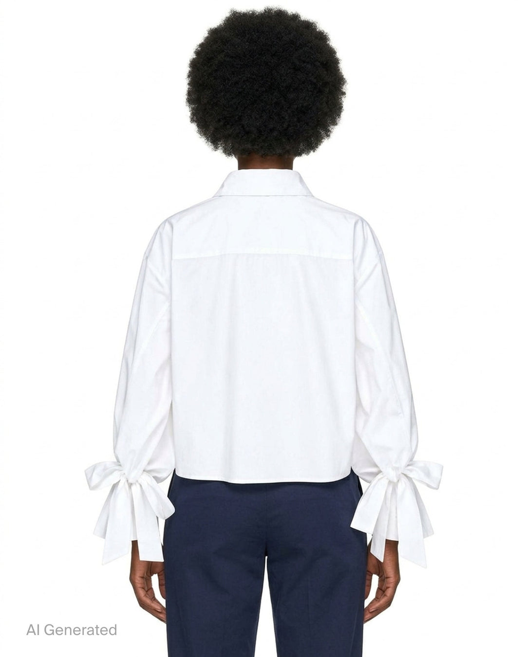 Cecilie Bahnsen Frina cropped white cotton shirt with bow-tied flared cuffs, tonal floral embroidered chest pocket, and button-through front placket, displayed flat on a white background - back