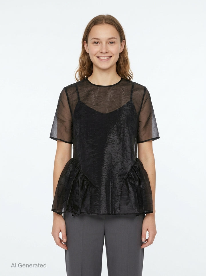 Cecilie Bahnsen Liquid Myrtia short-sleeve peplum top in black crinkled organza with sheer sleeves and gathered ruffle hem, photographed flat on a white background - front
